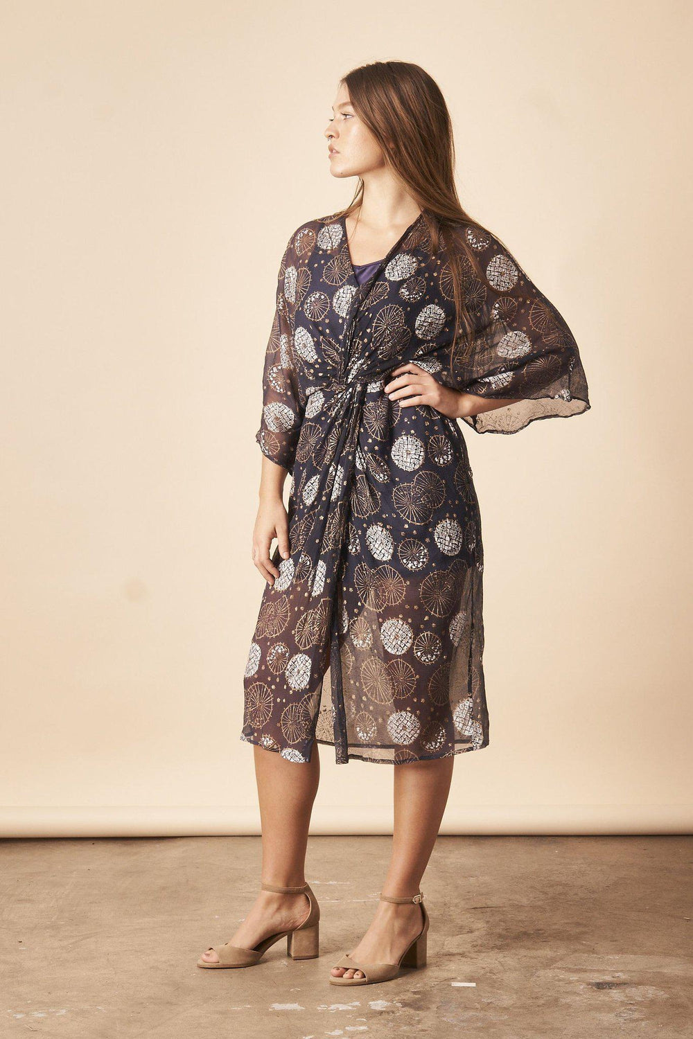 Dancing Umbrellas Twisted Midi Dress in Navy + Metallic | Boutique In USA, Dresses, $ 180.00, A Moment Of Now™