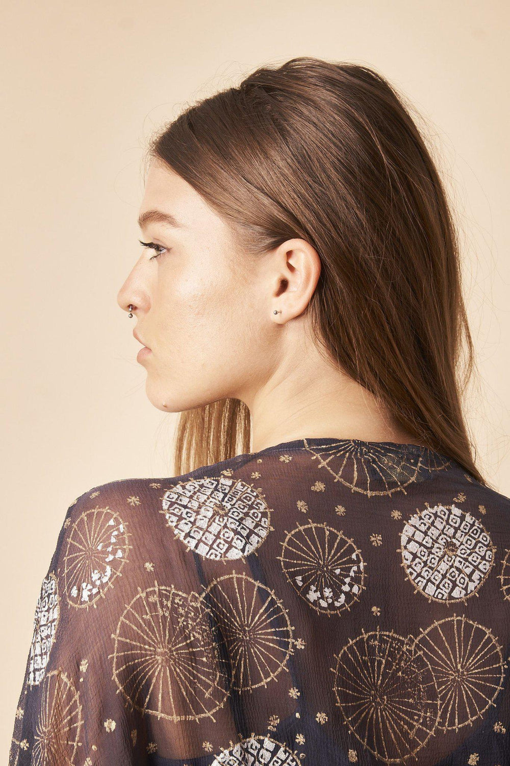 Dancing Umbrellas Twisted Midi Dress in Navy + Metallic | Boutique In USA, Dresses, $ 180.00, A Moment Of Now™