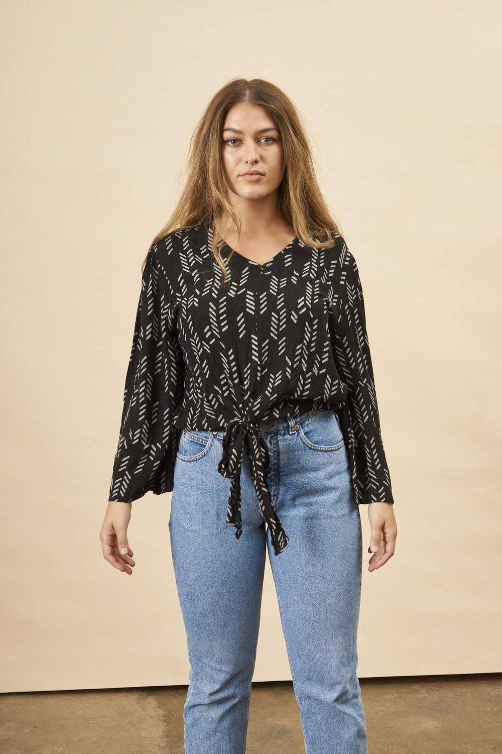 Stylized Feather Tie Knot Blouse in Black + Cream | Boutique In USA, Tops, $ 82.00, A Moment Of Now™