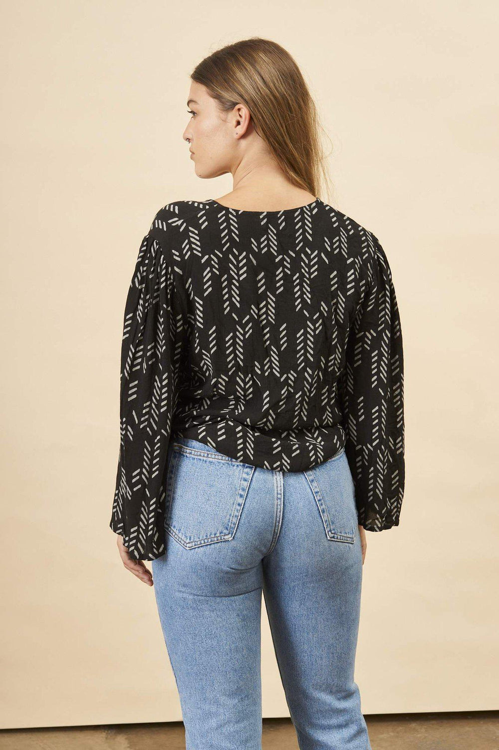 Stylized Feather Tie Knot Blouse in Black + Cream | Boutique In USA, Tops, $ 82.00, A Moment Of Now™