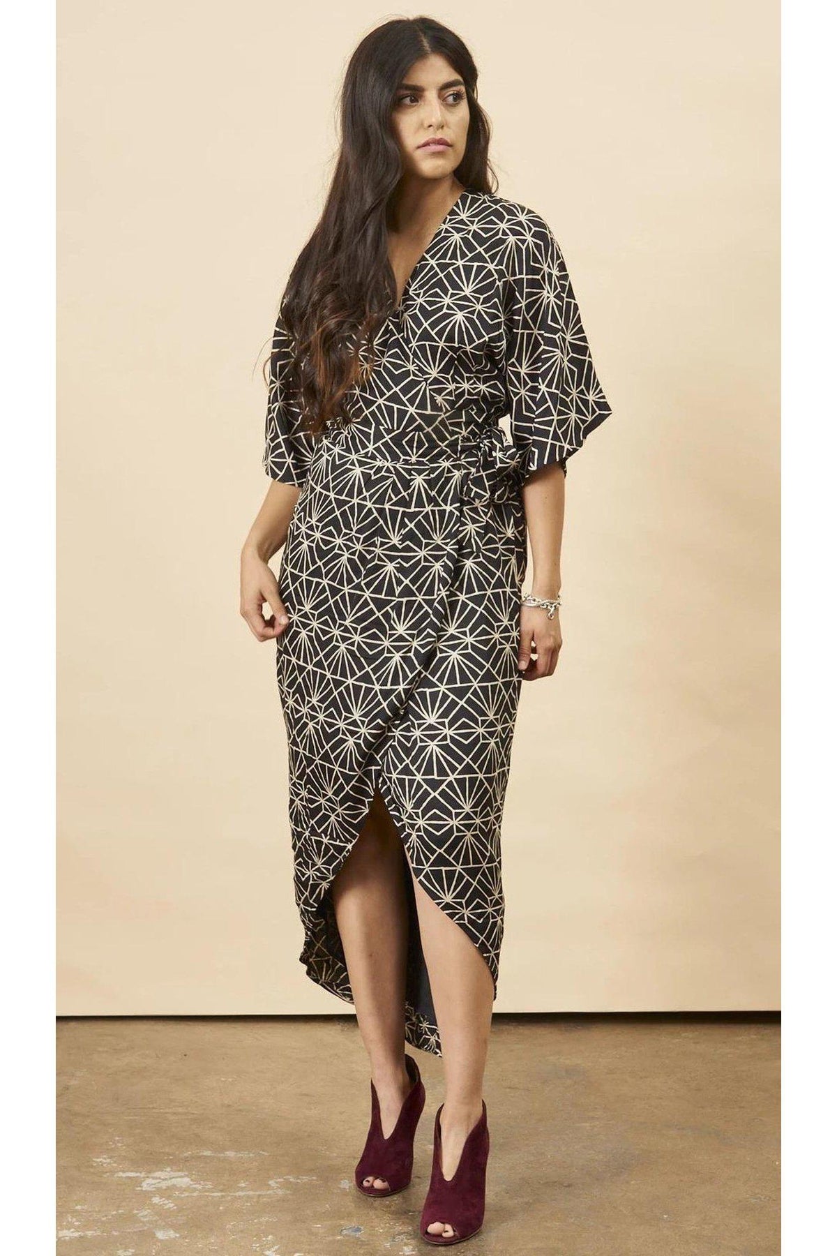 Art Deco Maxi Wrap Dress in Black + Cream | Boutique In USA, Dresses, $ 180.00, A Moment Of Now™