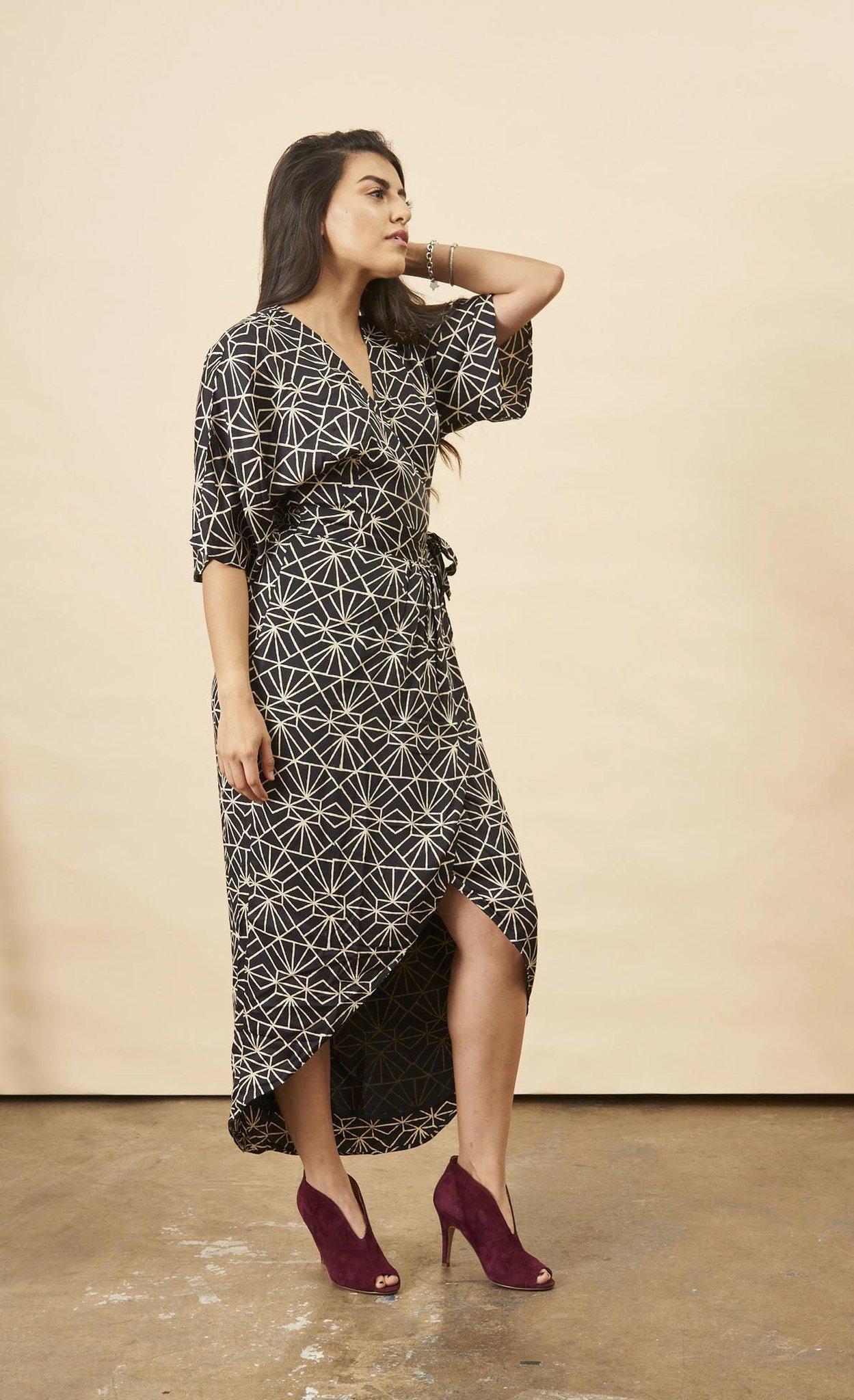 Art Deco Maxi Wrap Dress in Black + Cream | Boutique In USA, Dresses, $ 180.00, A Moment Of Now™