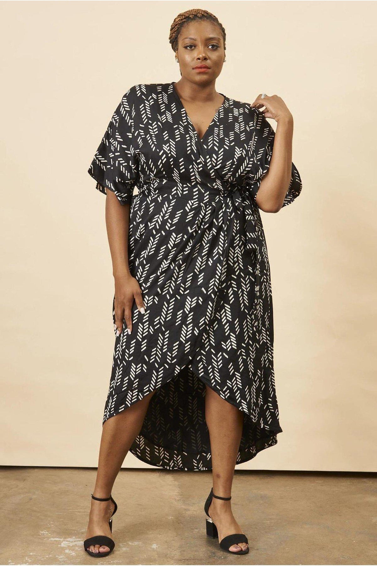 Stylized Feather Wrap Dress in Black + Cream | Boutique In USA, Dresses, $ 180.00, A Moment Of Now™