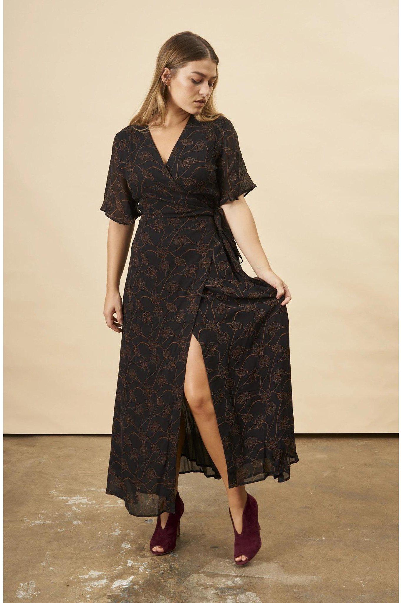 Poppy Flower Butterfly Sleeve Maxi Dress in Black + Copper | Boutique In USA, Dresses, $ 198.00, A Moment Of Now™