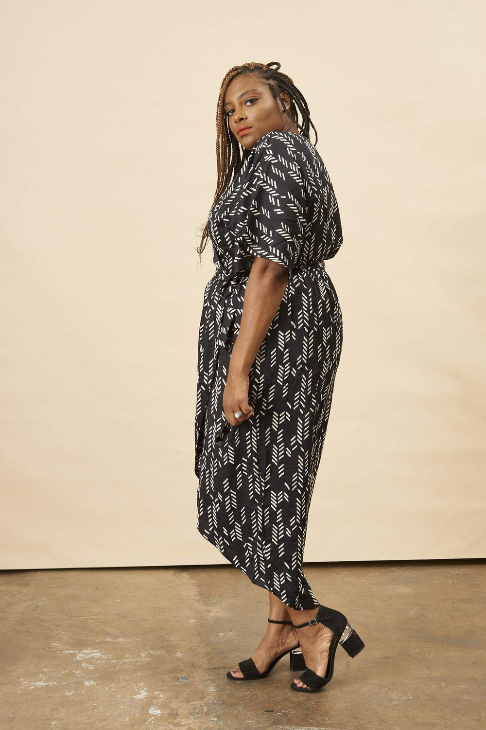 Stylized Feather Wrap Dress in Black + Cream | Boutique In USA, Dresses, $ 180.00, A Moment Of Now™