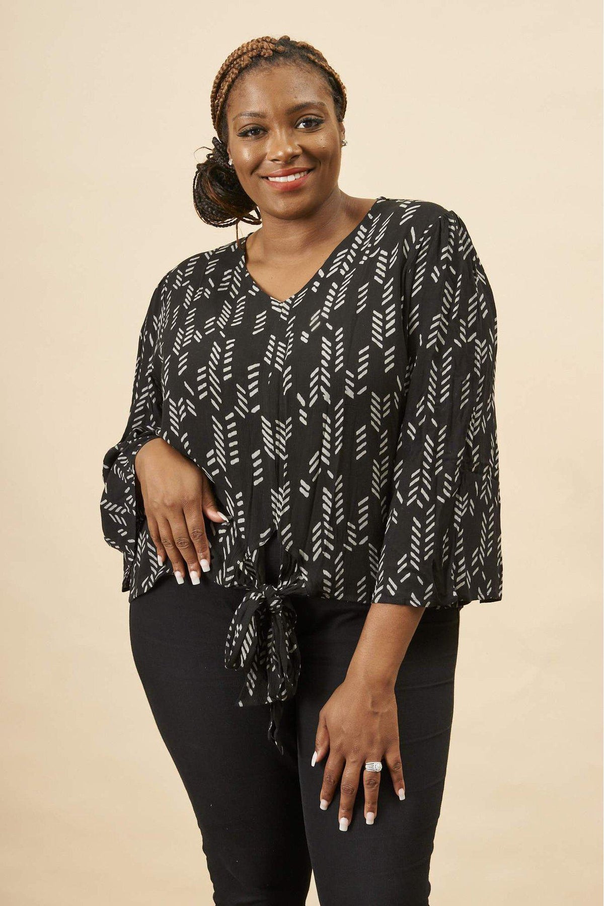 Stylized Feather Tie Knot Blouse in Black + Cream | Boutique In USA, Tops, $ 82.00, A Moment Of Now™