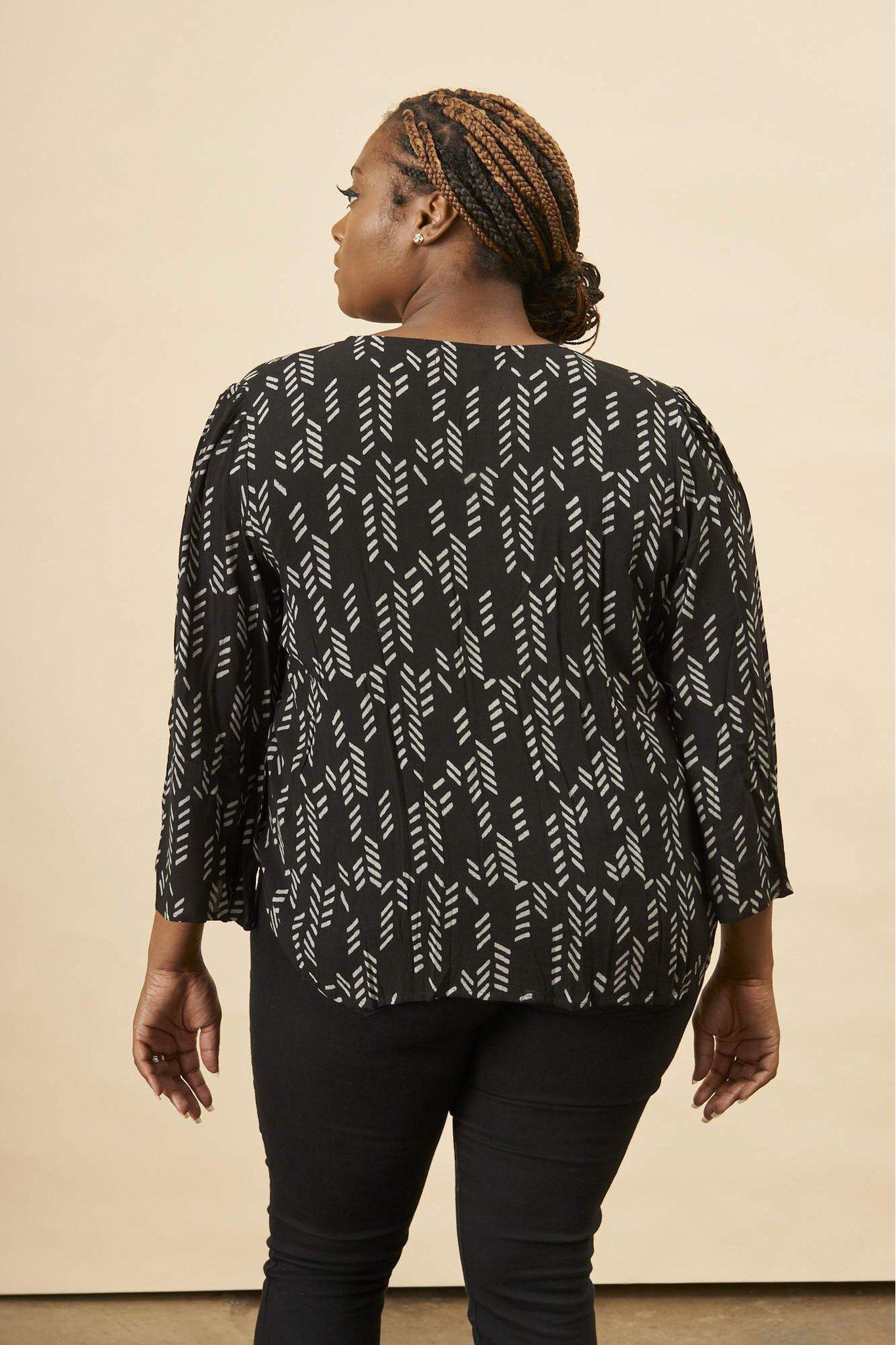 Stylized Feather Tie Knot Blouse in Black + Cream | Boutique In USA, Tops, $ 82.00, A Moment Of Now™