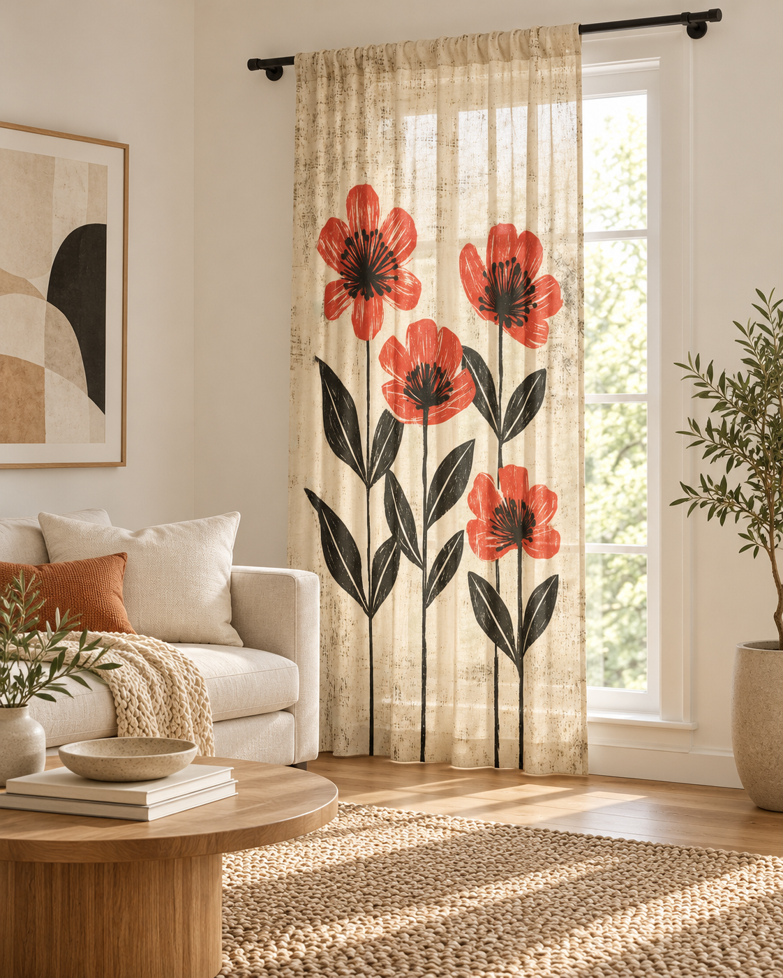 Red Poppy Floral Sheer Window Curtain