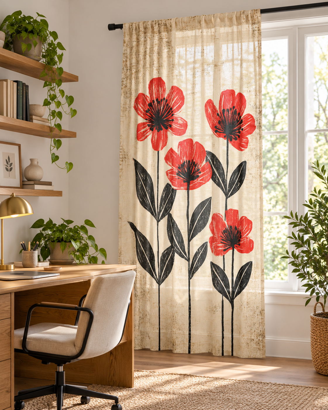 Red Poppy Floral Sheer Window Curtain