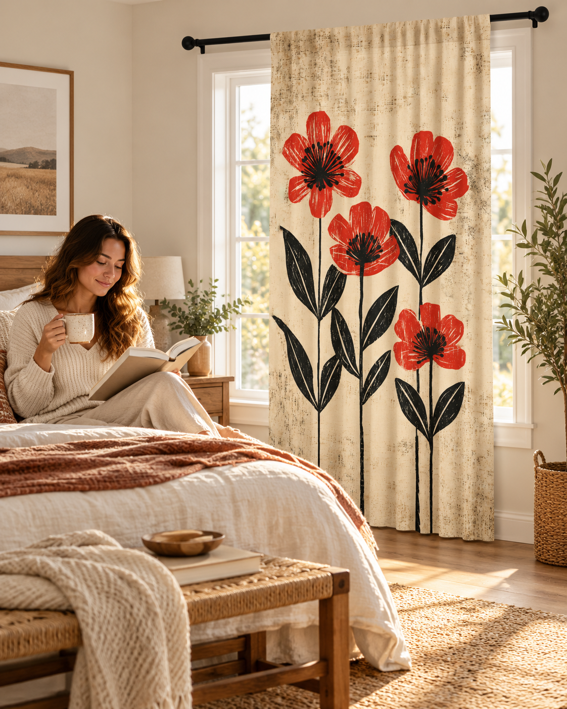 Red Poppy Floral Sheer Window Curtain