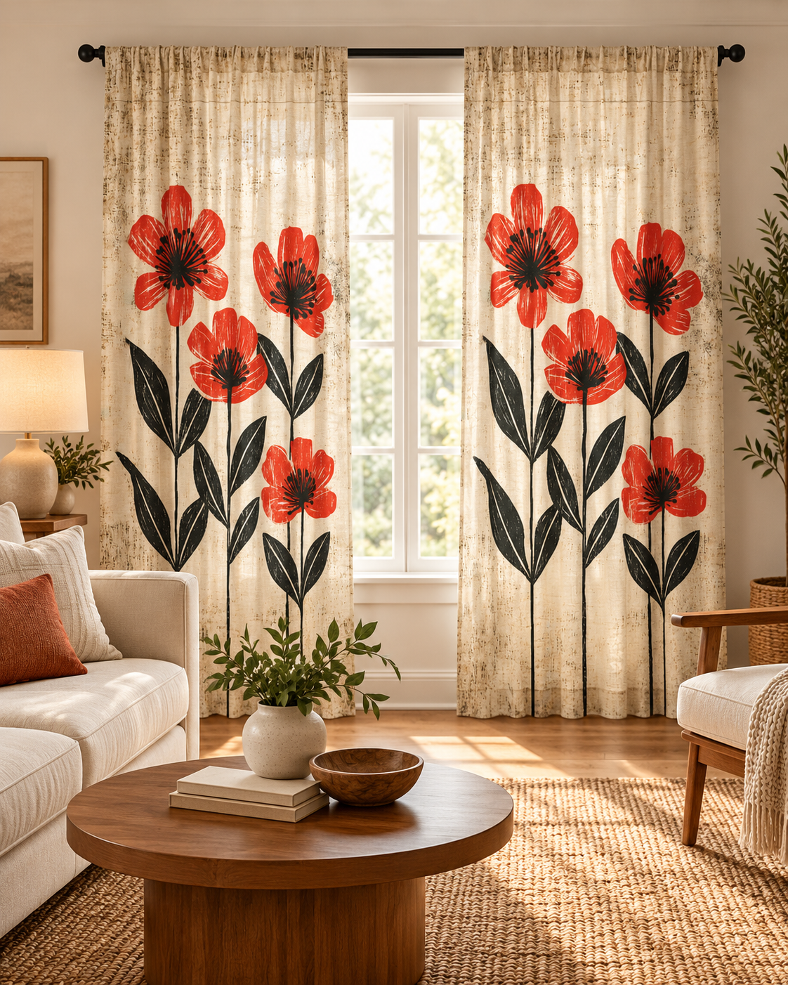 Red Poppy Floral Sheer Window Curtain