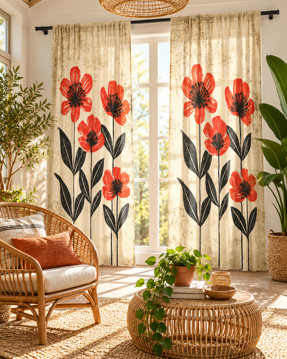 Red Poppy Floral Sheer Window Curtain
