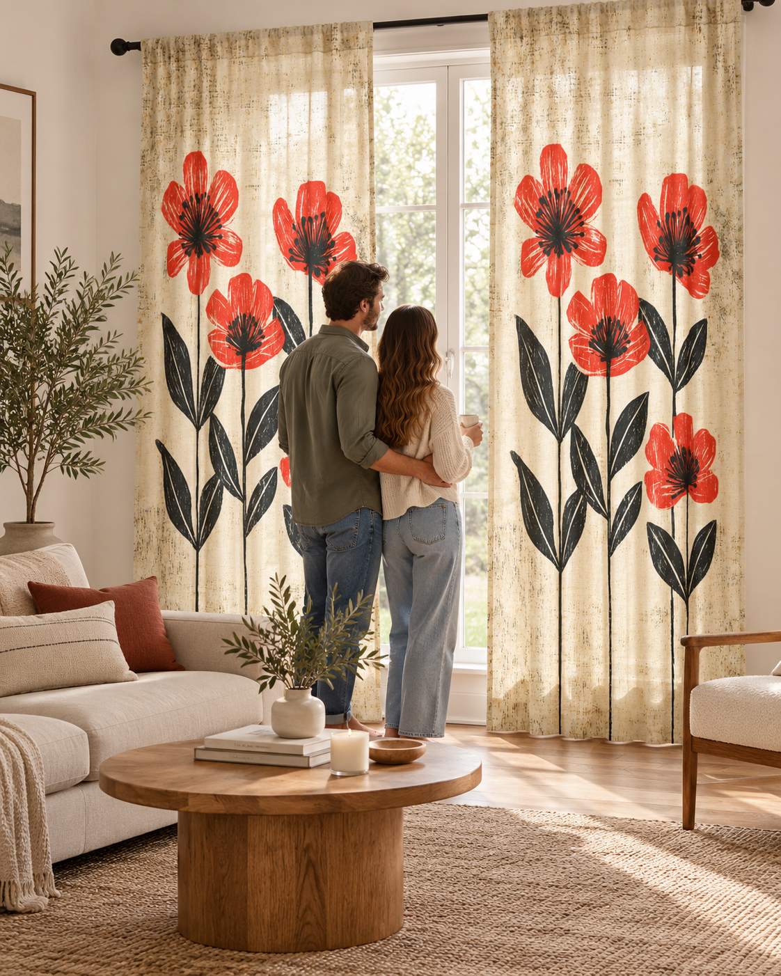 Red Poppy Floral Sheer Window Curtain