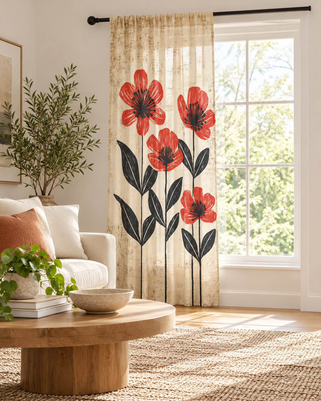 Red Poppy Floral Sheer Window Curtain