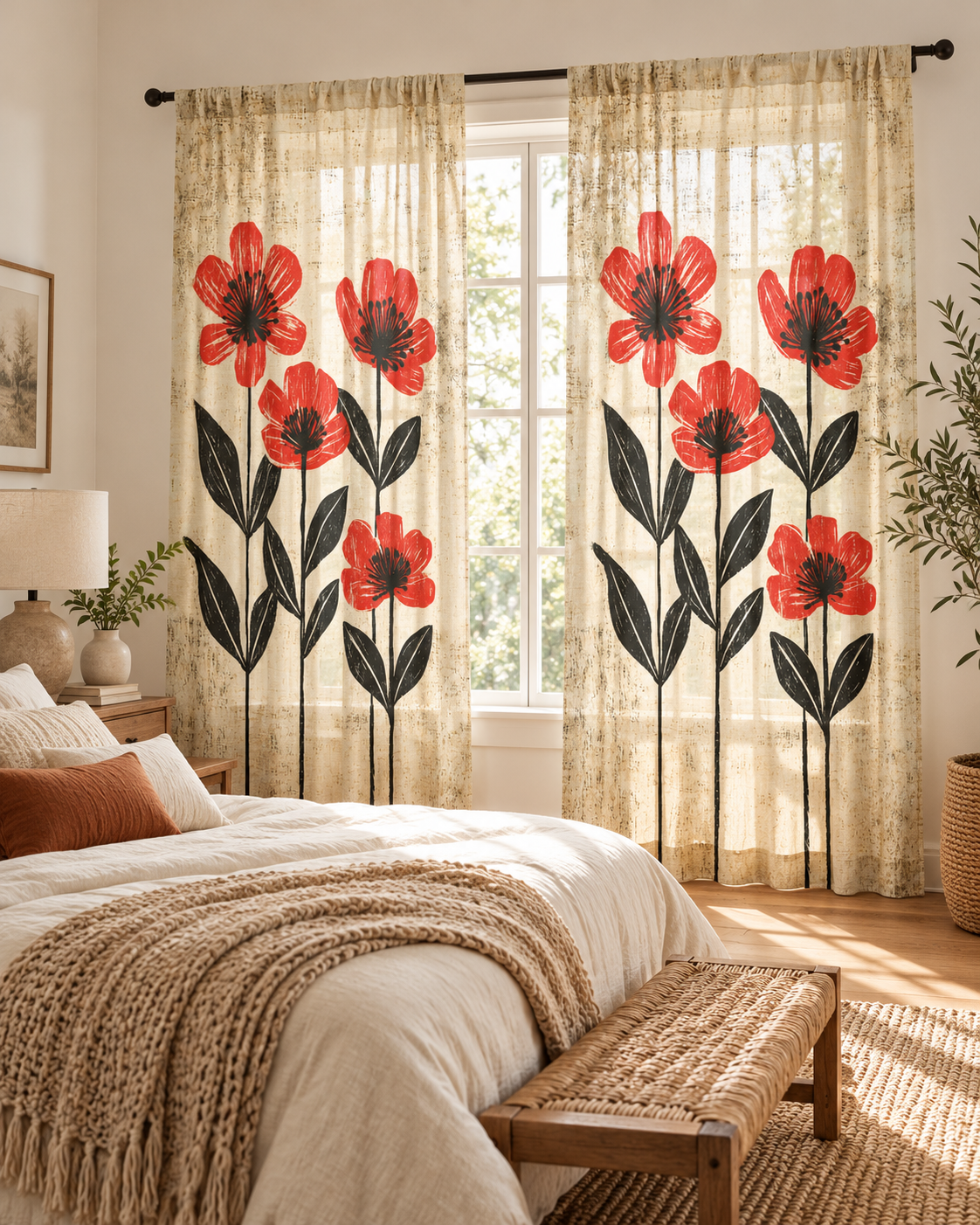 Red Poppy Floral Sheer Window Curtain