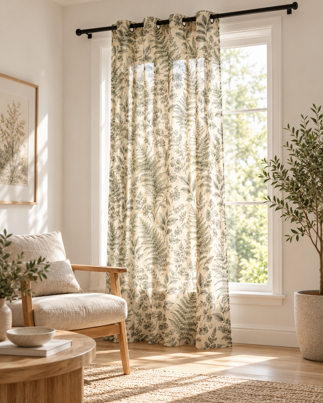 Sage Green Fern Sheer Curtain Panel – Vintage Botanical