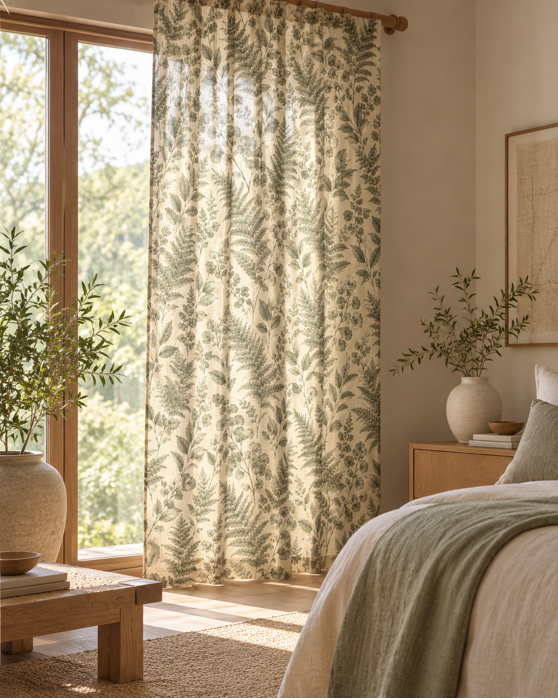 Sage Green Fern Sheer Curtain Panel – Vintage Botanical