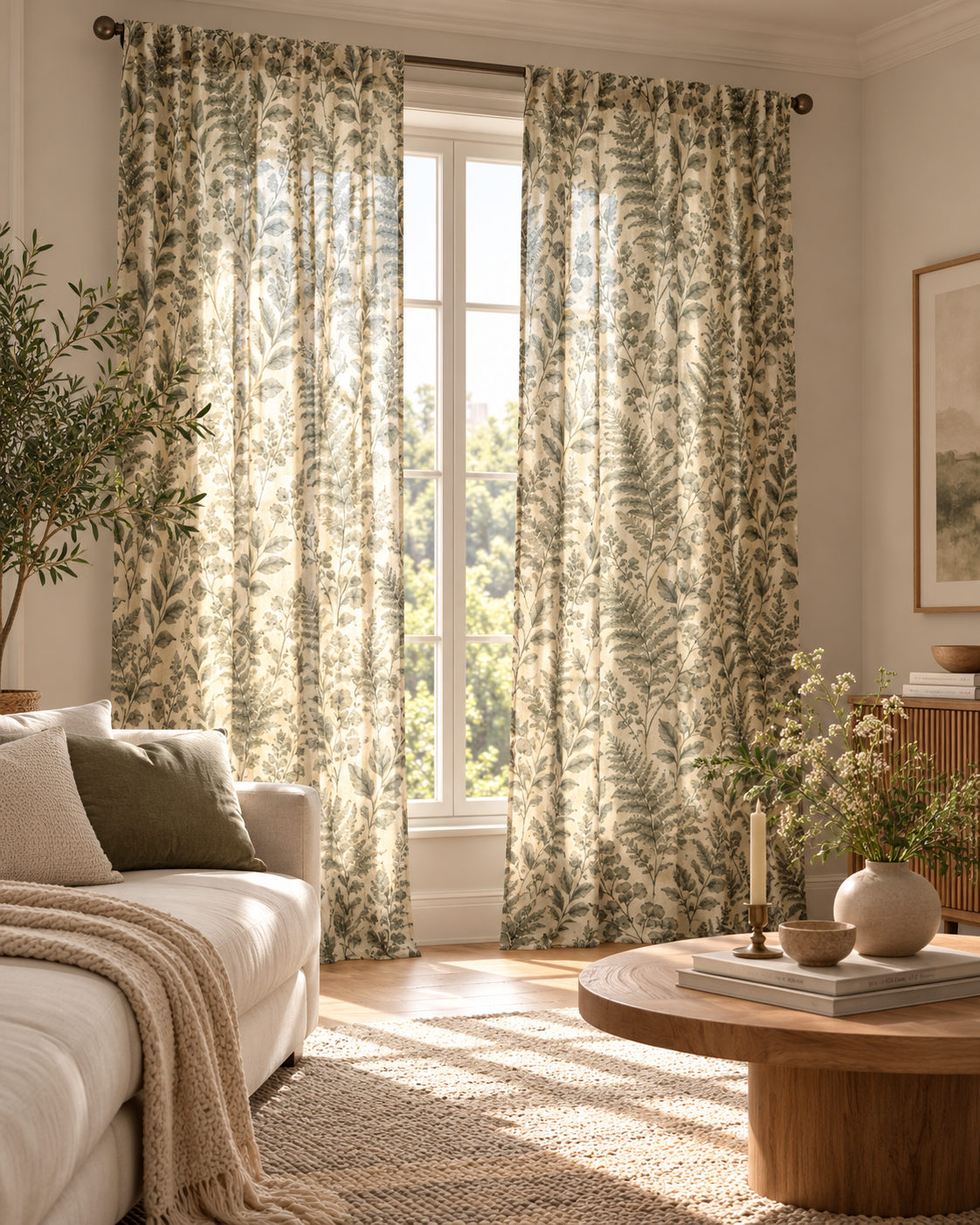 Sage Green Fern Sheer Curtain Panel – Vintage Botanical