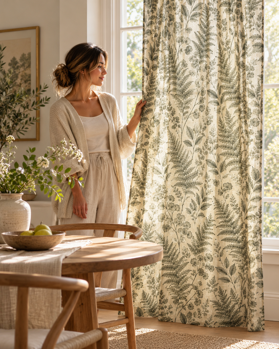 Sage Green Fern Sheer Curtain Panel – Vintage Botanical
