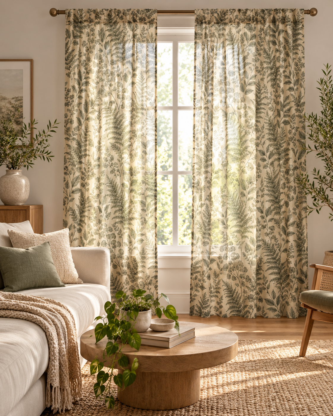 Sage Green Fern Sheer Curtain Panel – Vintage Botanical