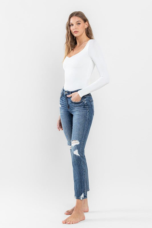 Providence Blue Mid Rise Distressed Crop Slim Straight Jeans