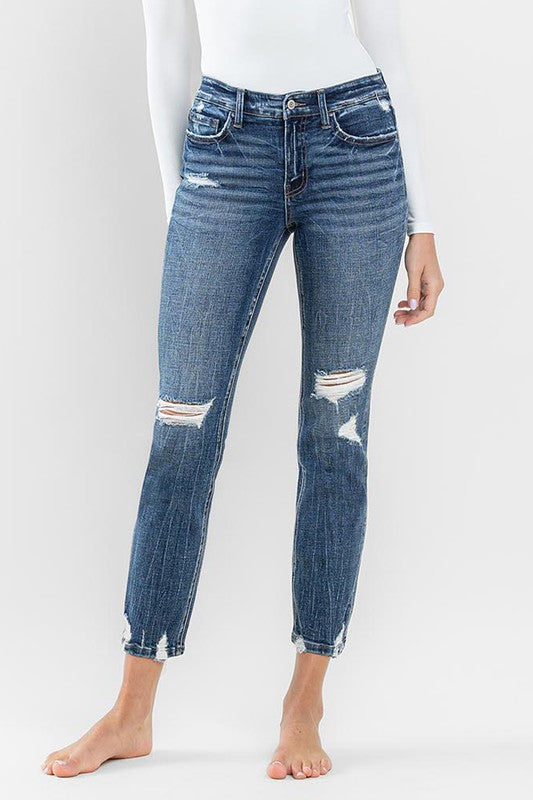 Providence Blue Mid Rise Distressed Crop Slim Straight Jeans