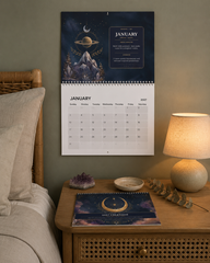 A wall-mounted January 2027 calendar page is displayed in a bedroom setting above a wooden nightstand with a lit lamp, bedding, and a matching printed calendar on the table.