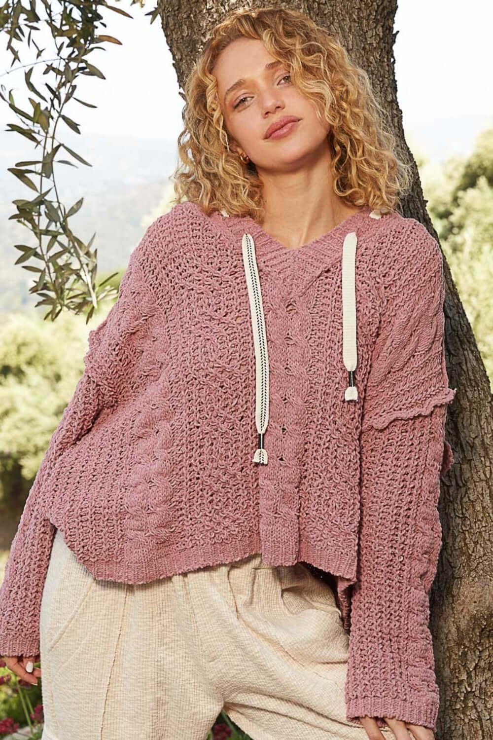 Women's Mauve Cable Knit Hooded Chenille Sweater | USA Boutique, POL, $ 59.00