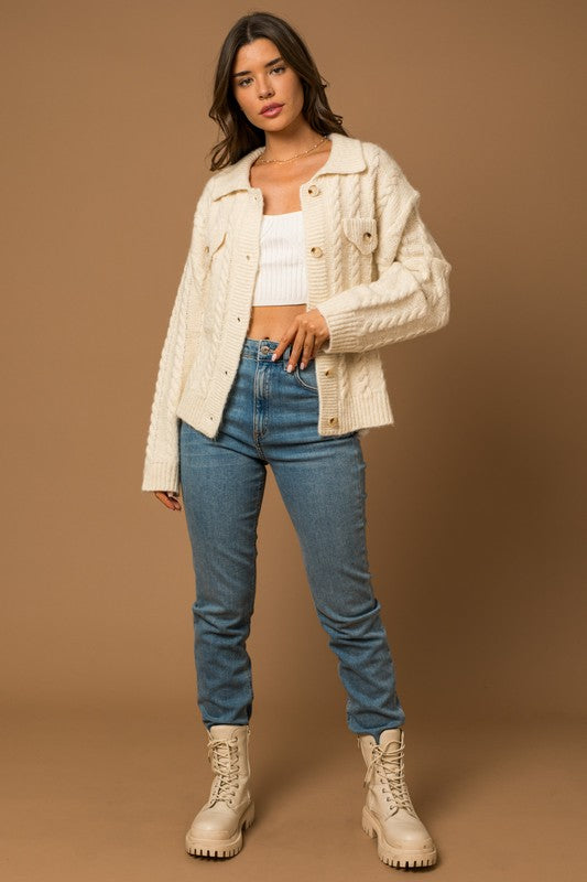 White Collared Cable Sweater Cardigan