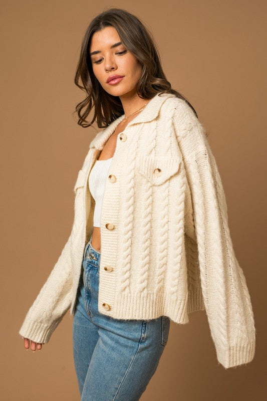 White Collared Cable Sweater Cardigan