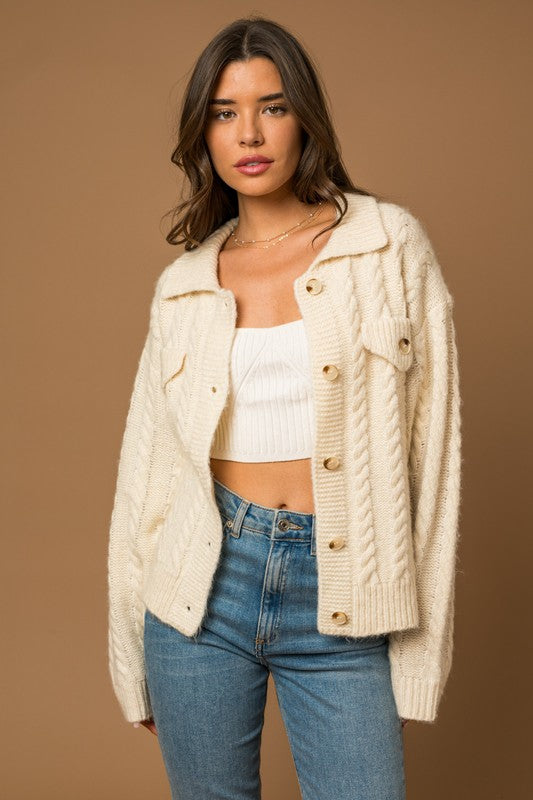 White Collared Cable Sweater Cardigan