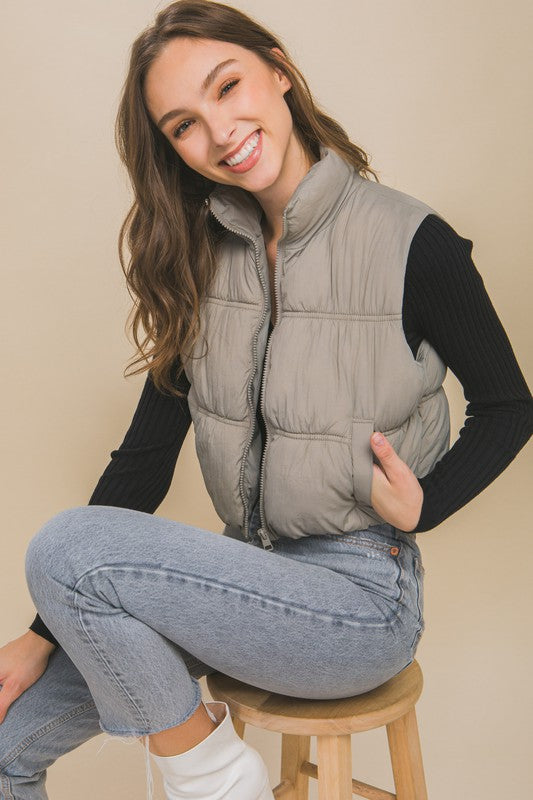 Cropped High Neck Puffer Vest Jacket