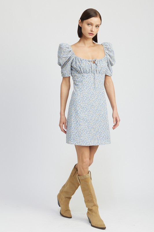 Shop Blue Floral Puff Sleeve Mini Dress | Women's Boutique Clothing Online, Dresses, USA Boutique