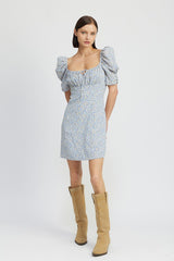 Shop Blue Floral Puff Sleeve Mini Dress | Women's Boutique Clothing Online, Dresses, USA Boutique