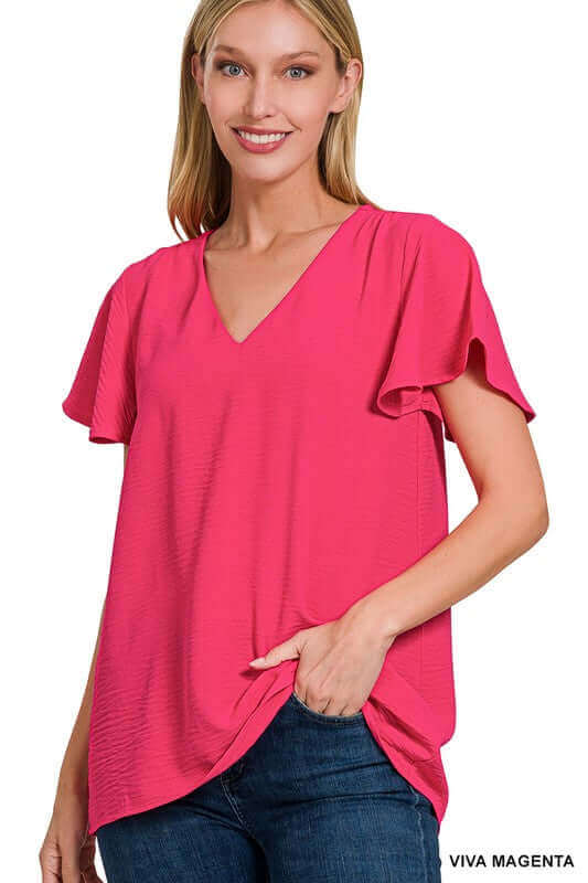 Woven Airflow Flutter Sleeve Top, ZENANA, $ 22.95