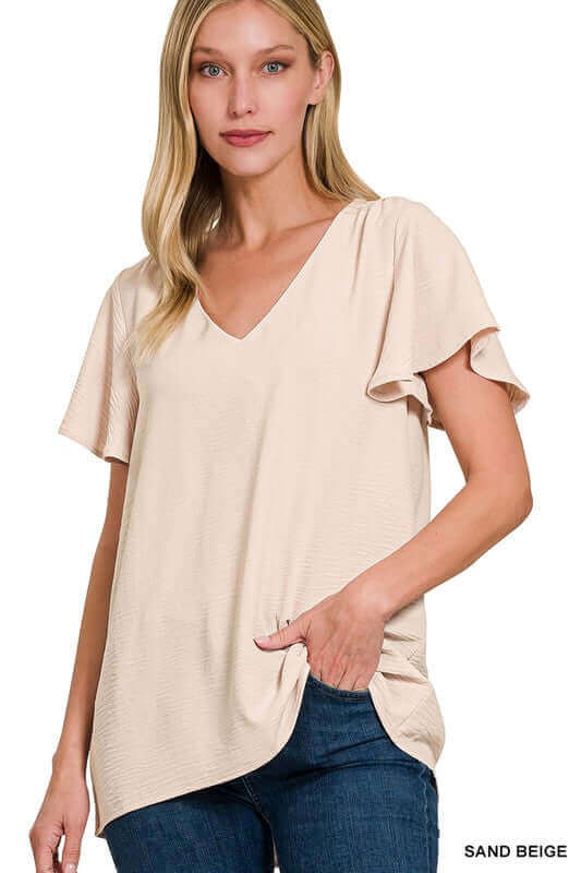 Woven Airflow Flutter Sleeve Top, ZENANA, $ 22.95