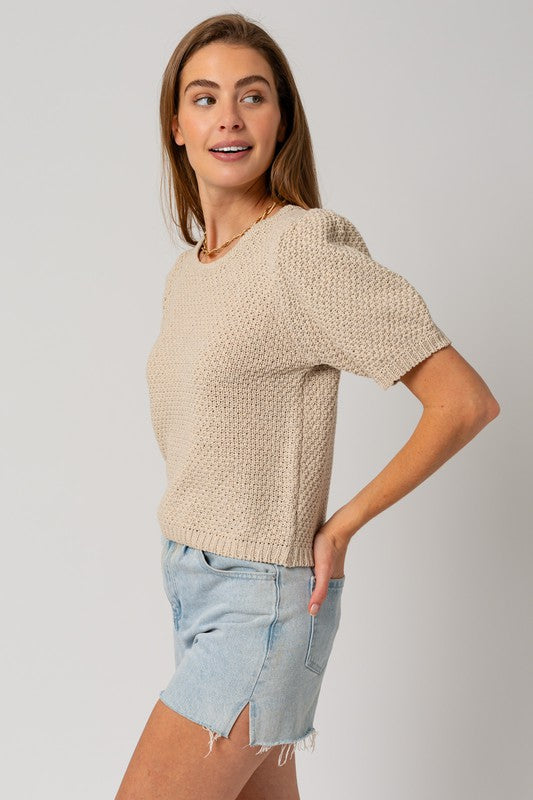 Oatmeal Beige Puff Sleeve Round Neck Texture Sweater Top