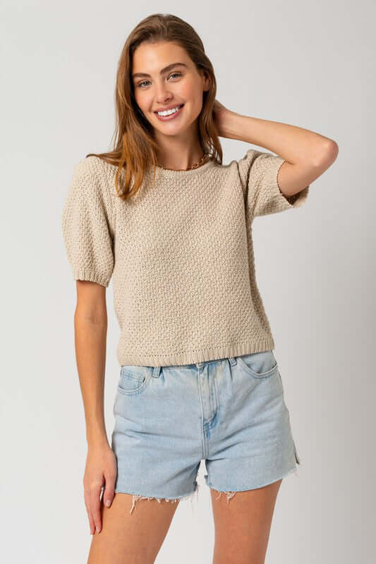 Oatmeal Beige Puff Sleeve Round Neck Texture Sweater Top