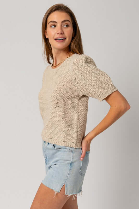 Oatmeal Beige Puff Sleeve Round Neck Texture Sweater Top, Gilli, $ 51.95