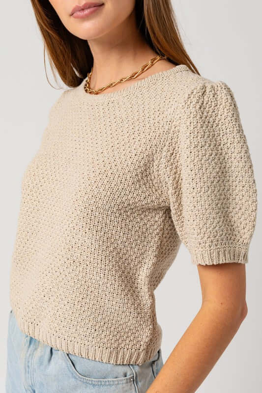 Oatmeal Beige Puff Sleeve Round Neck Texture Sweater Top, Gilli, $ 51.95