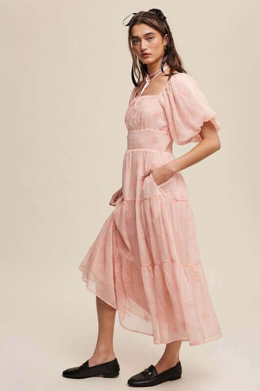 Flower Embroidered Puff Sleeve Tiered Maxi Dress, Listicle, A Moment Of Now