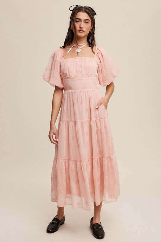 Flower Embroidered Puff Sleeve Tiered Maxi Dress, Listicle, A Moment Of Now