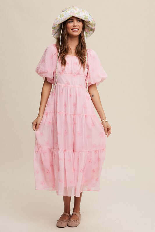 Flower Embroidered Puff Sleeve Tiered Maxi Dress, Listicle, A Moment Of Now