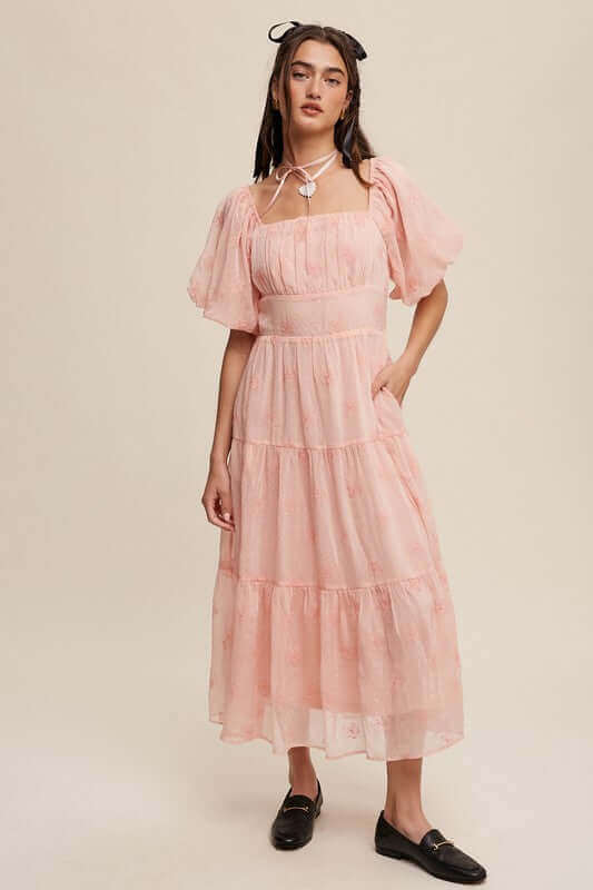 Flower Embroidered Puff Sleeve Tiered Maxi Dress, Listicle, A Moment Of Now