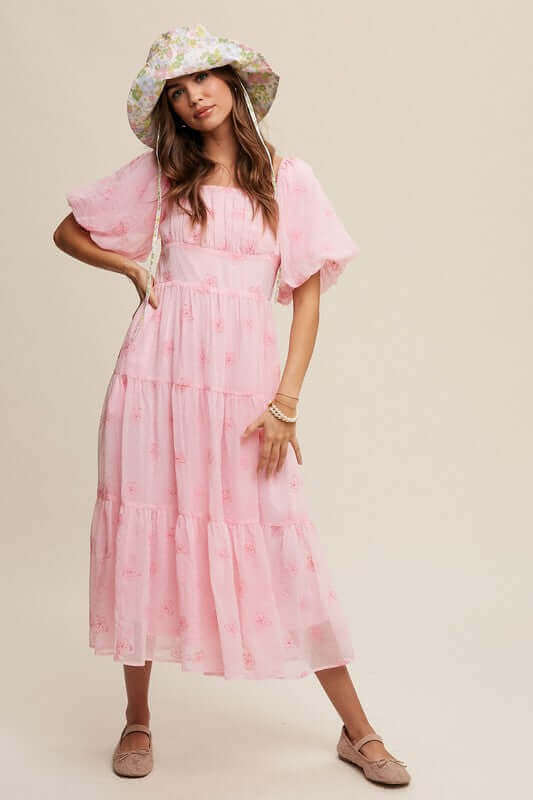 Flower Embroidered Puff Sleeve Tiered Maxi Dress, Listicle, A Moment Of Now