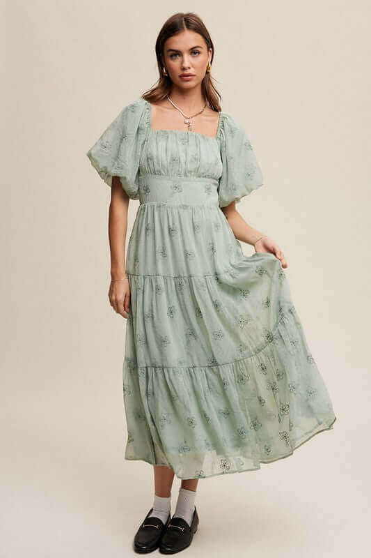 Flower Embroidered Puff Sleeve Tiered Maxi Dress, Listicle, A Moment Of Now