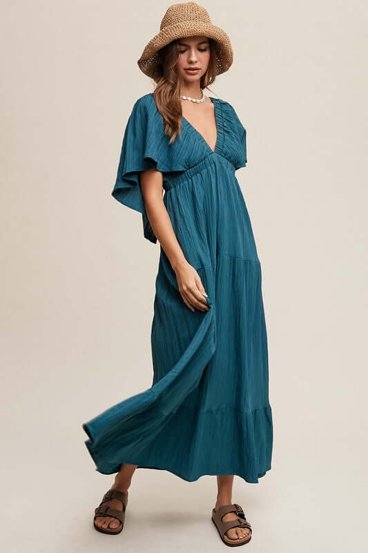 Emerald Green V-neck Ruffle Sleeve Flowy Vacation Maxi Dress, Listicle, A Moment Of Now