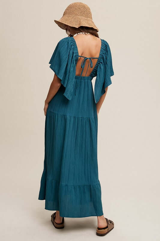 Emerald Green V-neck Ruffle Sleeve Flowy Vacation Maxi Dress, Listicle, A Moment Of Now