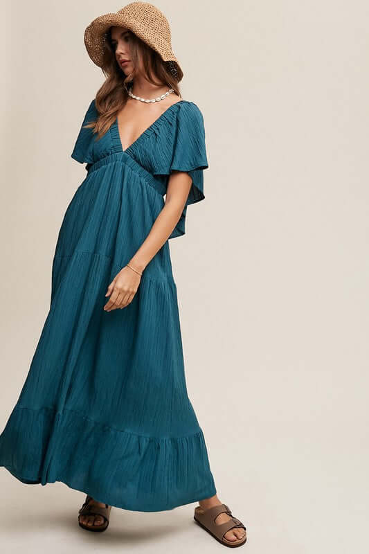 Emerald Green V-neck Ruffle Sleeve Flowy Vacation Maxi Dress, Listicle, A Moment Of Now