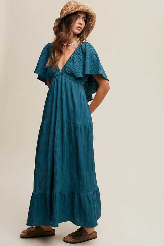 Emerald Green V-neck Ruffle Sleeve Flowy Vacation Maxi Dress, Listicle, A Moment Of Now